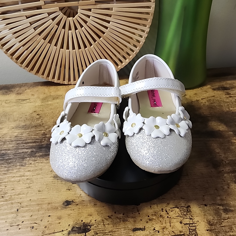 Rachel Shoes Glittery Silver Dress Shoes with White Floral Accents